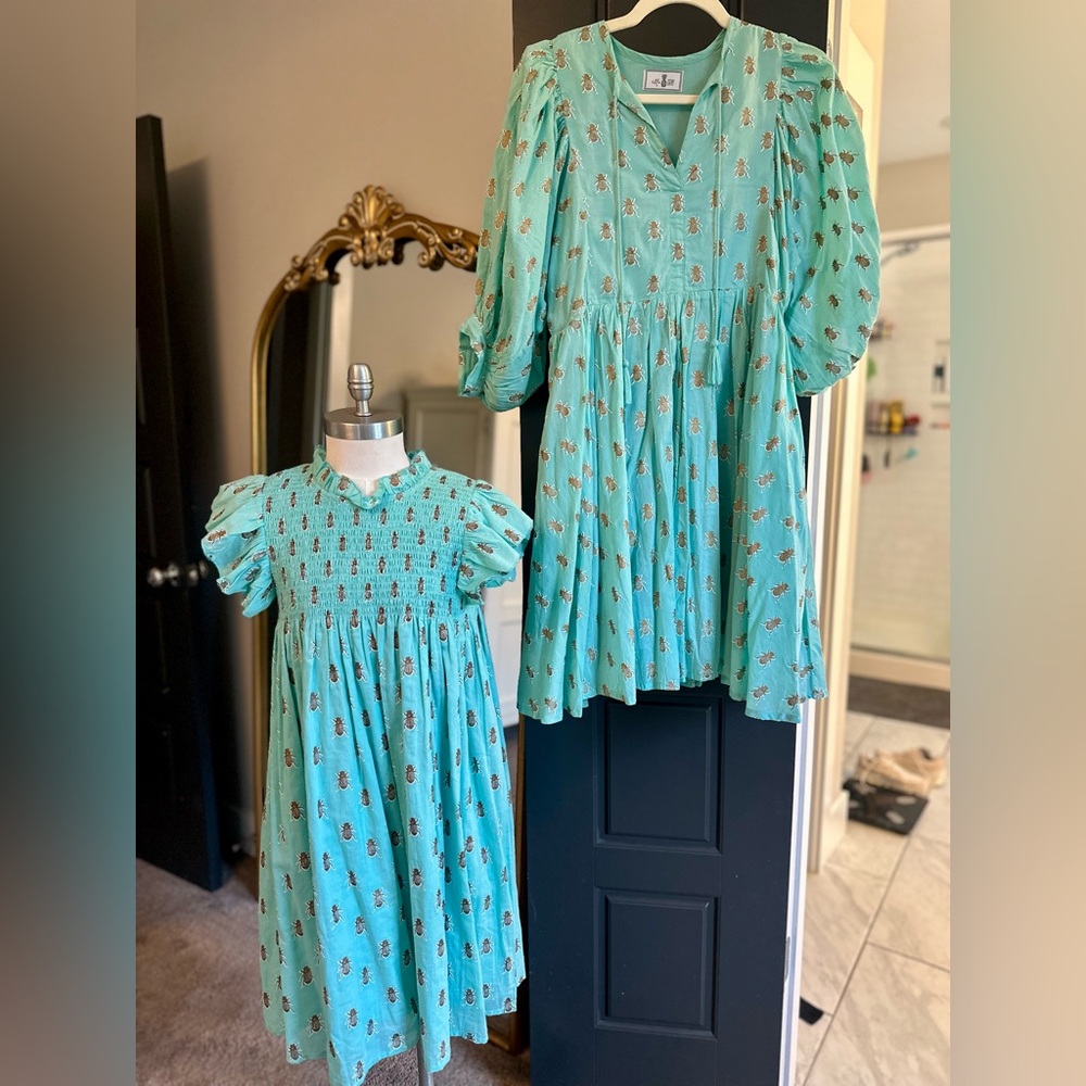 Ella Gray Goldbug Mommy & Me Dress Set Smocked Girls Size 9/10 + Adult S